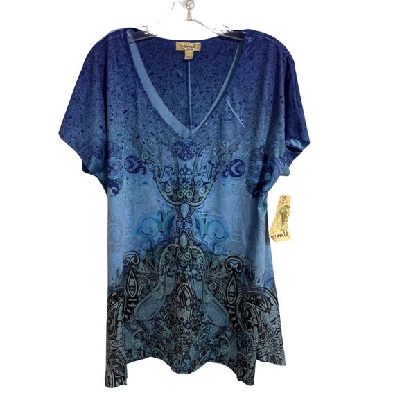 ONE WORLD Tops - One World Blue Paisley Print V Neck Short Sleeve Tunic Top Plus Size XL Boho